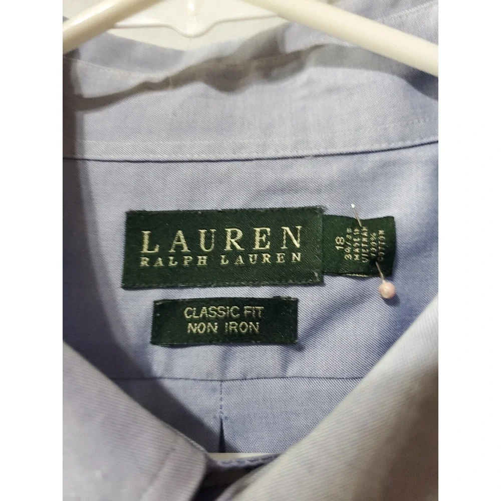 Lauren Ralph Lauren Dress Shirt Men's Size 18 34/35‎ Blue Classic Fit Non Iron